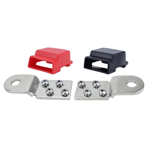 Terminal Mount Tin-Plated Copper Bus Bar Set, 100A 32V DC Positive Negative Battery Terminal Block With Insulating Covers, #8-32 Screws For 16-10 AWG Ring Terminals, Red And Black(A)