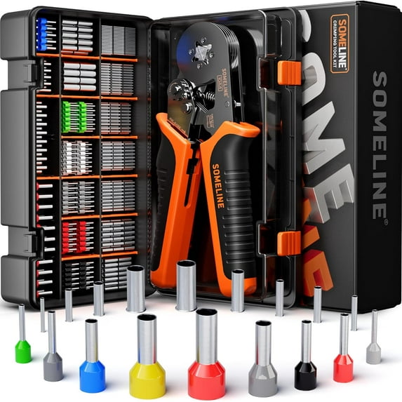 Terminal crimping tool set, self-adjusting pliers for 24-8 wire terminals, includes 18 sizes of insulated and non-insulated wire terminals, square crimp connector set