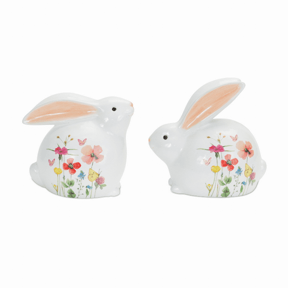 Melrose International Terra Cotta Bunny Figurine with Painted Floral Design (Set of 4)