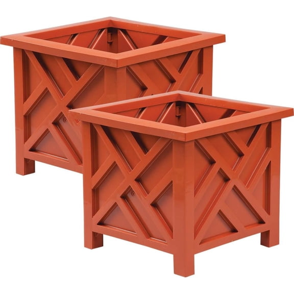 Terra Cotta Chippendale Planter Boxes - Set of 2 | Elegant Outdoor Planters | Durable Polypropylene | Lattice Pattern | Tool-Free Assembly | 14.75" and 11.5" Sq. | Holds 22 lbs Each