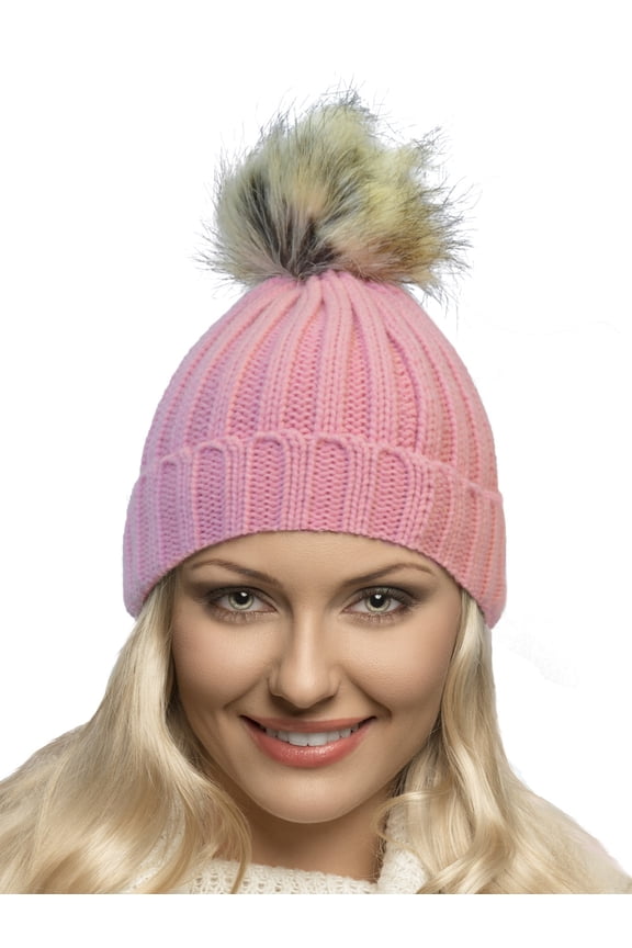 Faux Fur Pom Pom Beanie Hat Slouchy Solid Plain Knit Unisex Stretches to Fit Most