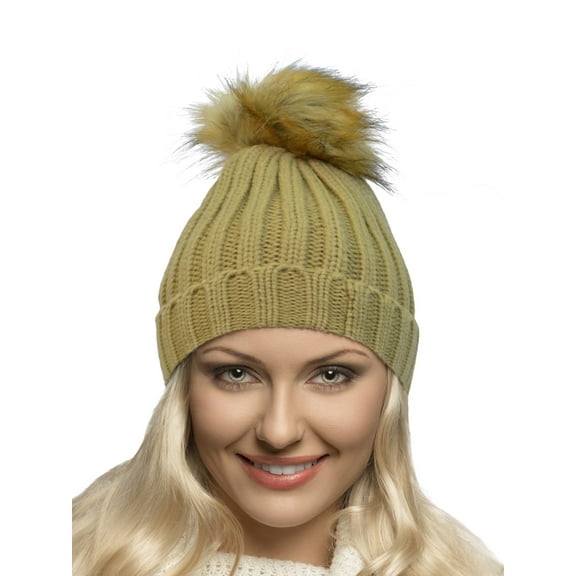 Terra Faux Fur Pom Pom Beanie Hat Slouchy Solid Plain Knit Unisex Stretches to Fit Most