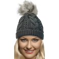 thumbnail image 1 of Terra Faux Fur Pom Pom Beanie Hat Thick Slouchy Cable Knit Soft Warm Micro Fleece Lined Unisex Stretches to Fit Most, 1 of 4