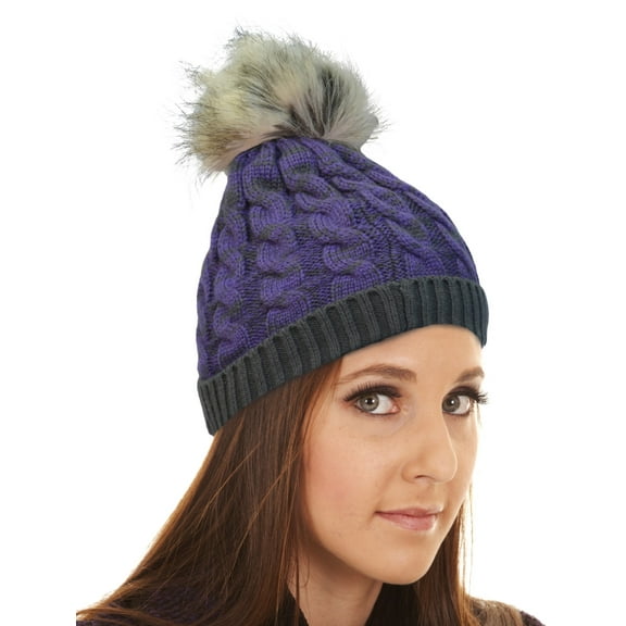 Terra Faux Fur Pom Pom Beanie Hat Thick Slouchy Cable Knit Unisex Stretches to Fit Most