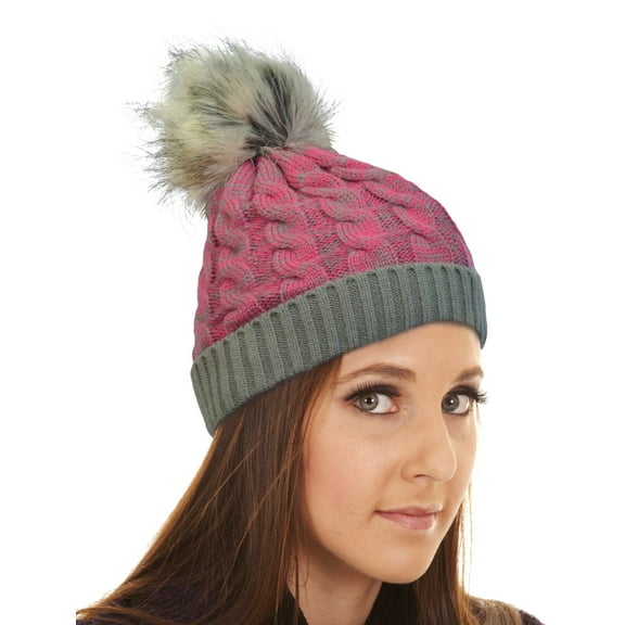 Terra Faux Fur Pom Pom Beanie Hat Thick Slouchy Cable Knit Unisex Stretches to Fit Most