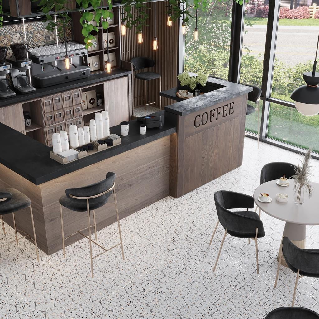 Terra Mia 8.1" x 9.25" Matte White and Multicolor Porcelain Hexagon Tile
