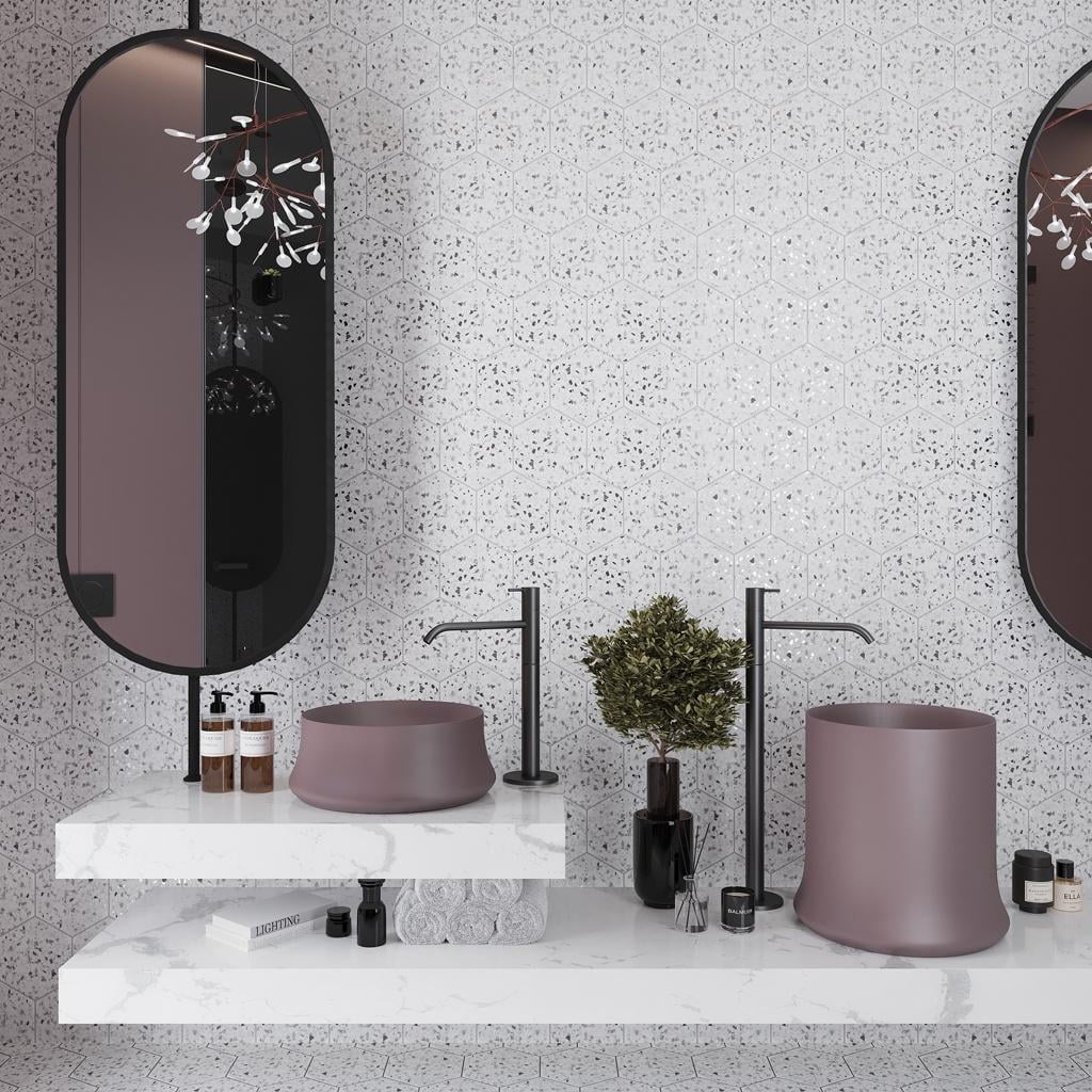 Terra Mia Matte White and Black Porcelain Hexagon Tile