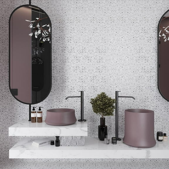 Terra Mia 8.1 in. x 9.25 in. Matte White and Black Porcelain Hexagon Wall and Floor Tile (9.93 sq. ft./case) (25-pack)