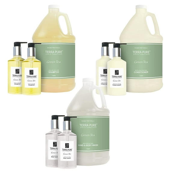 Terra Pure Gallon & Dispenser Set | 1-Shoppe All-In-Kit | Shampoo Conditioner Body Wash Gallon | Refillable 10.14 oz. Matching Pump Bottles