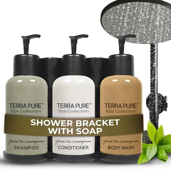 Terra Pure Spa Collection | Wall-Mounted No-Drill Hotel Amenities Dispenser | 10.14oz Bottles | Tamper-Proof Locking Bracket | 1 Bracket with Shampoo, Conditioner, and Body Wash