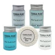 Terra Pure White Tea and Coconut Hotel Soaps and Toiletries Bulk Set | 1-Shoppe All-In-Kit for Hotels | 1oz Shampoo & Conditioner, Body Wash, Lotion & 1.25oz Bar Soap | Travel Size Toiletries 150 Piec