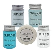Terra Pure White Tea and Coconut Hotel Soaps and Toiletries Bulk Set | 1-Shoppe All-In-Kit for Hotels | 1oz Shampoo & Conditioner, Body Wash, Lotion & 1.25oz Bar Soap | Travel Size Toiletries 75 Piece