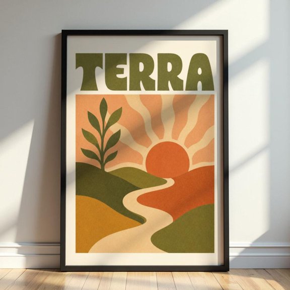 Terra Retro Landscape Mid Century Modern Nature Wall Art Boho Sun Print Earth Tone Abstract Decor, Unframed Paper Print