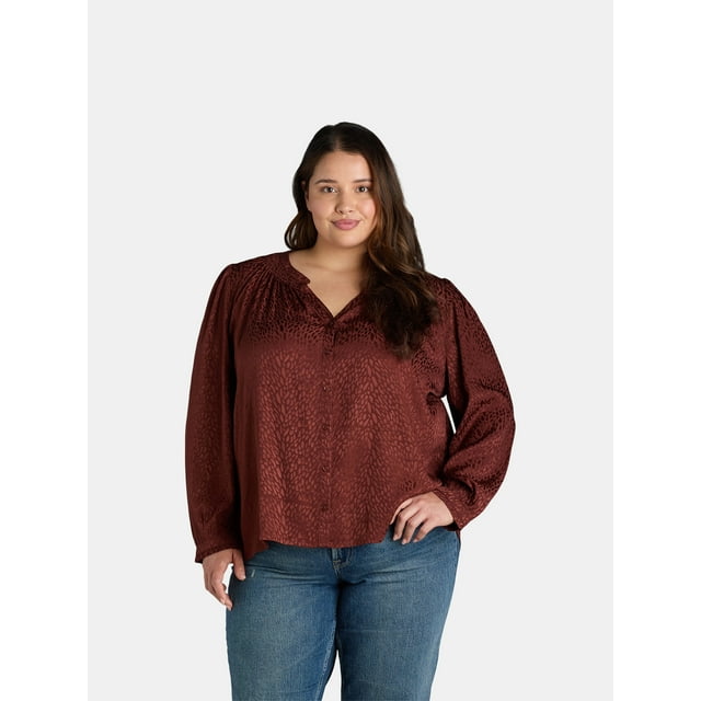 Terra & Sky Black Label Women's Plus Size Button Front V Neck Blouse with Long Sleeves, 0X-4X