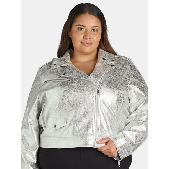 Terra & Sky Black Label Women's Plus Size Faux Leather Metallic Jacket, 0X-5X