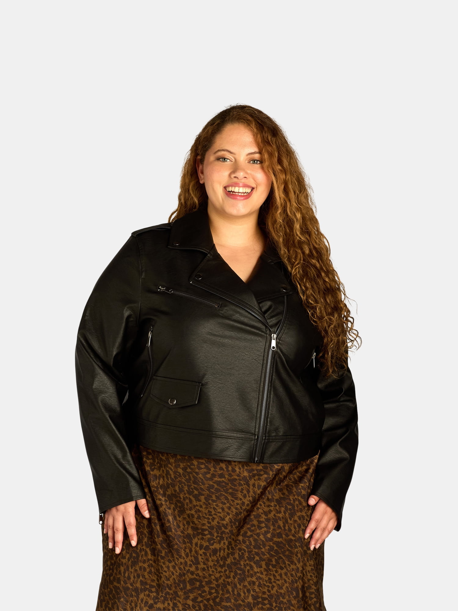 Terra & Sky Black Label Women's Plus Size Faux Leather Moto Jacket, 0X-4X Terra & Sky Black Label Women's Plus Size Faux Leather Moto Jacket, 0X-4X