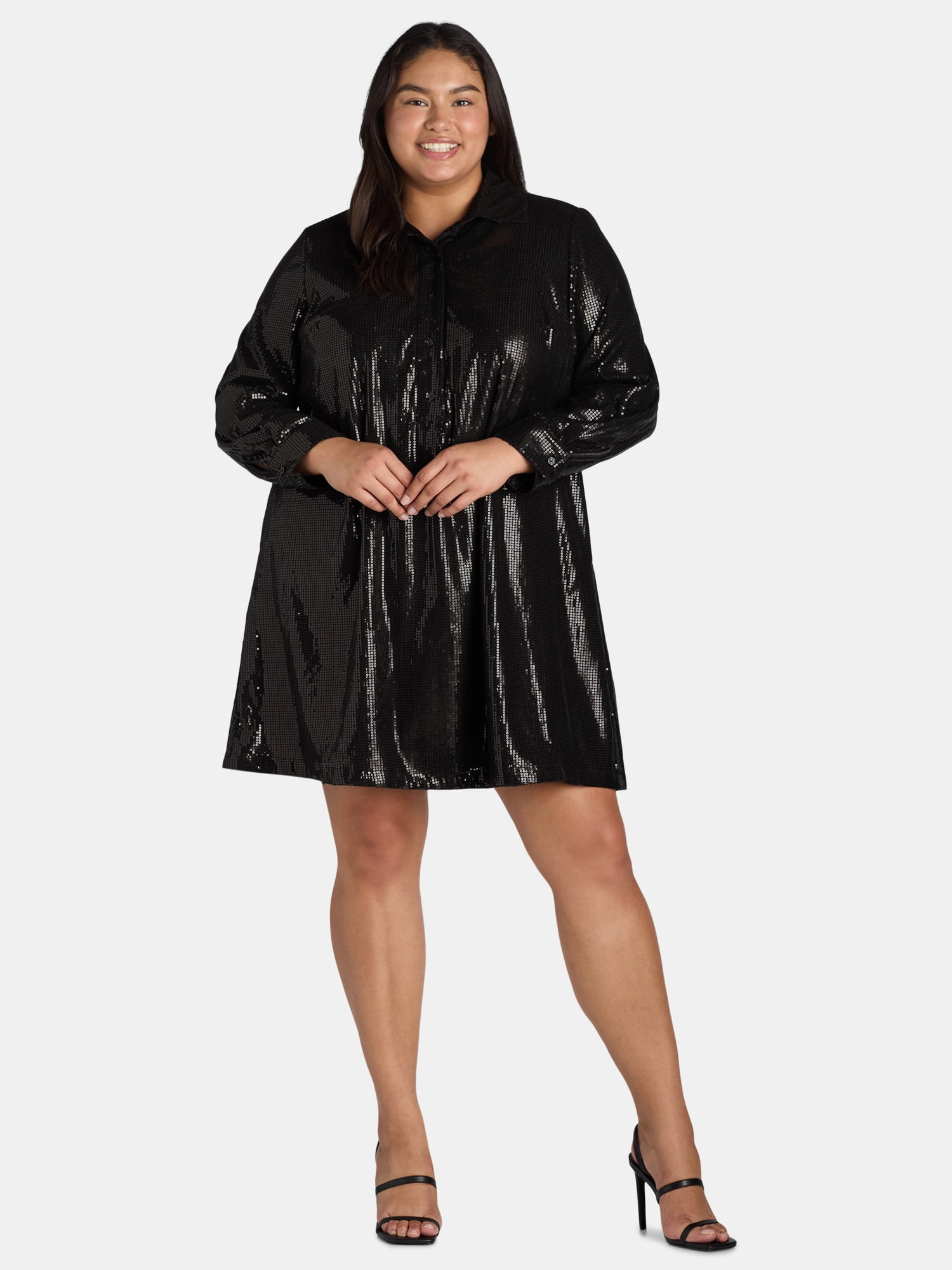 Terra Sky Black Label Women's Plus Size Mini Sequin Shirt Dress