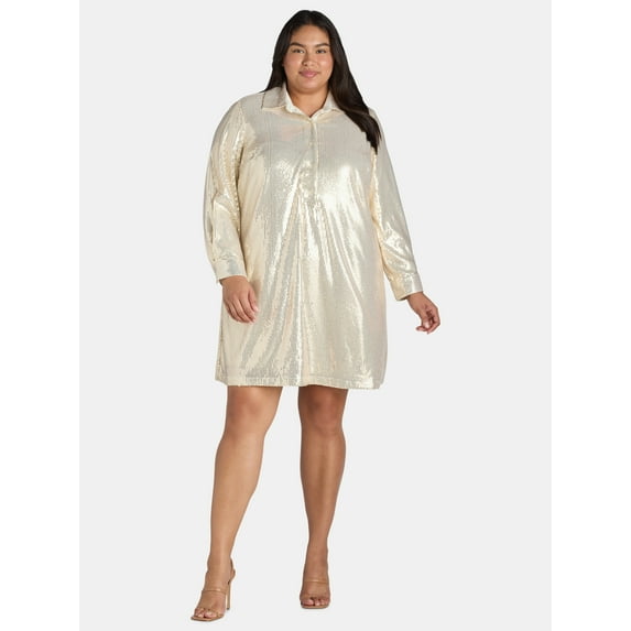 Terra & Sky Black Label Women's Plus Size Mini Sequin Shirt Dress, 0X-5X