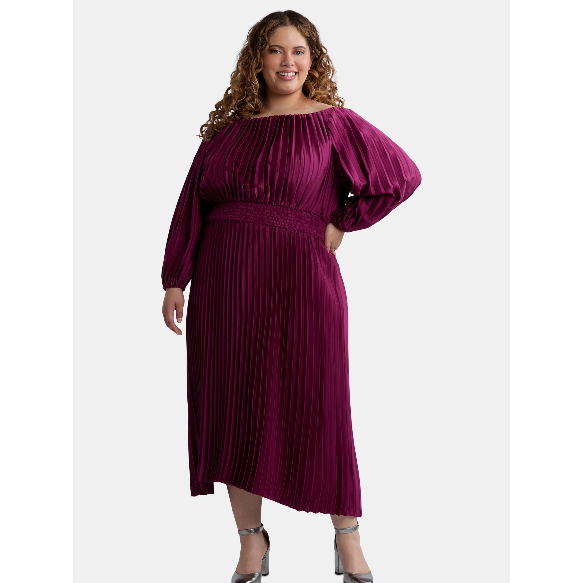 Terra & Sky Black Label Women's Plus Size Pleated Off the Shoulder