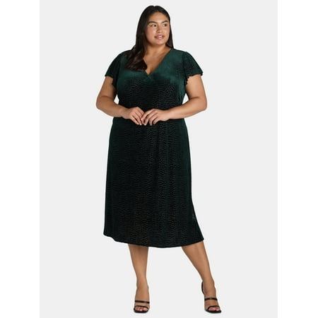 Terra & Sky Black Label Women's Plus Size Velvet Flutter Sleeve Dress, 0X-5X