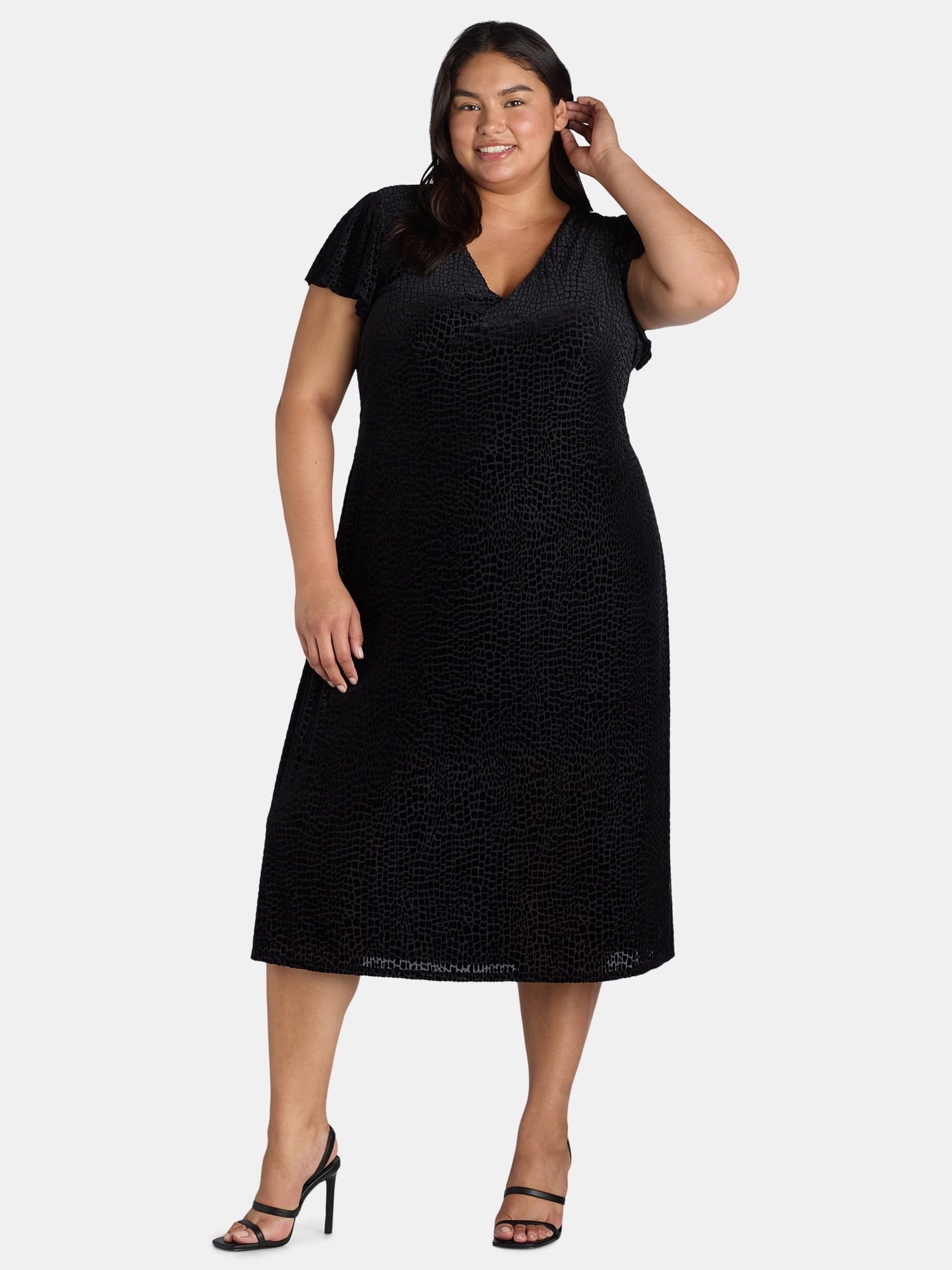 Terra & Sky Black Label Women's Plus Size Velvet Flutter Sleeve Dress, 0X-5X