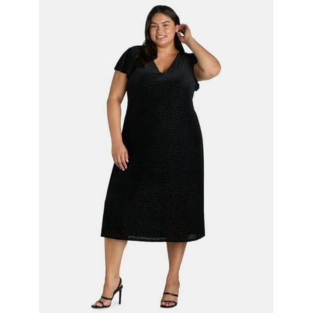 Terra & Sky Black Label Women's Plus Size Velvet Flutter Sleeve Dress, 0X-5X