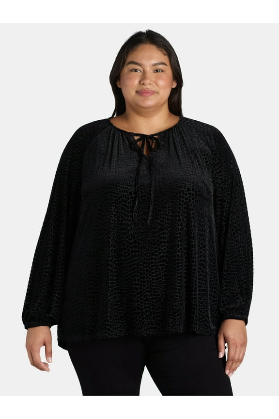 Black Label Women's Plus Size Velvet Open Neck Blouse, 0X-5X