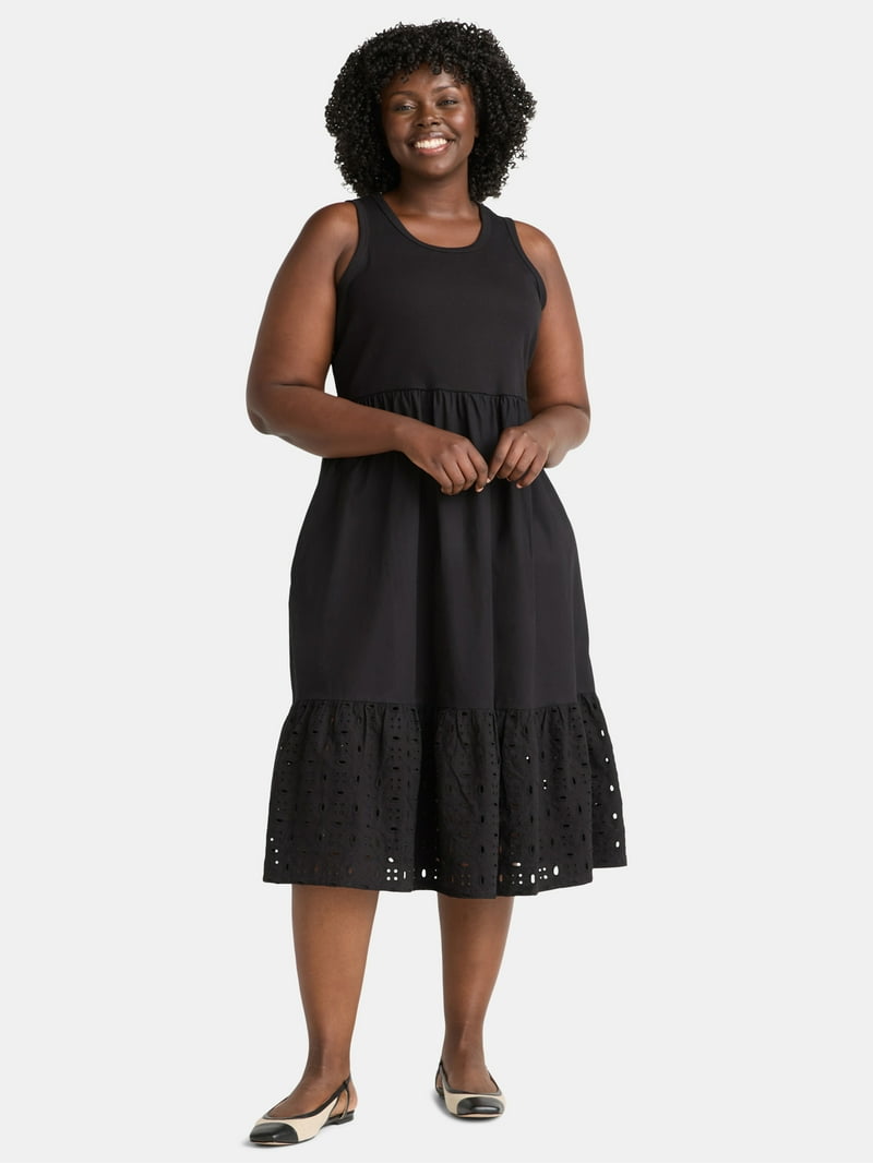 Terra & Sky Women's Plus Eyelet Midi Tank Dress with Pockets and