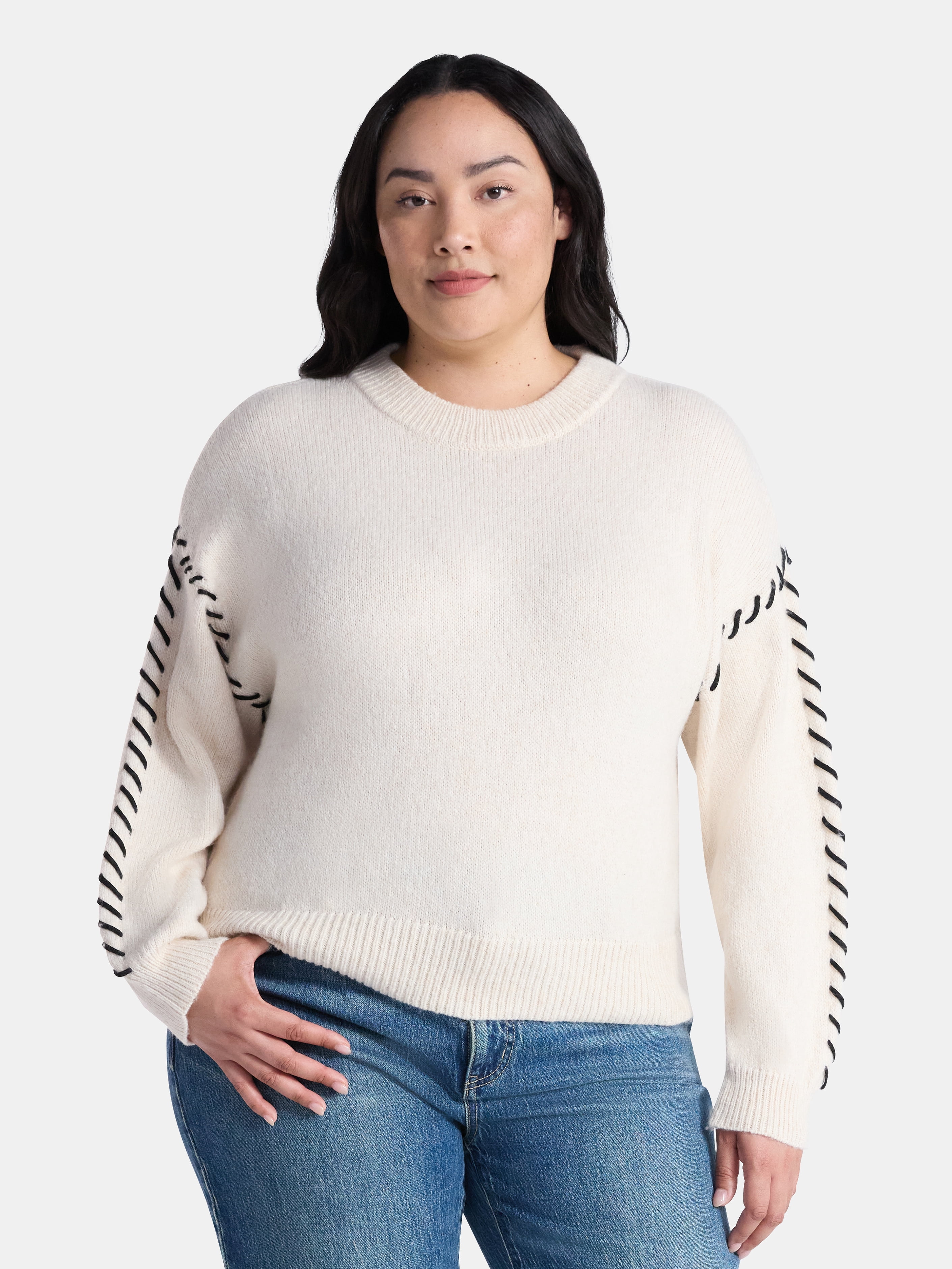 Terra & Sky Women's Plus Cropped Whipstitch Trim Sweater, Lightweight, Sizes 0X-5X