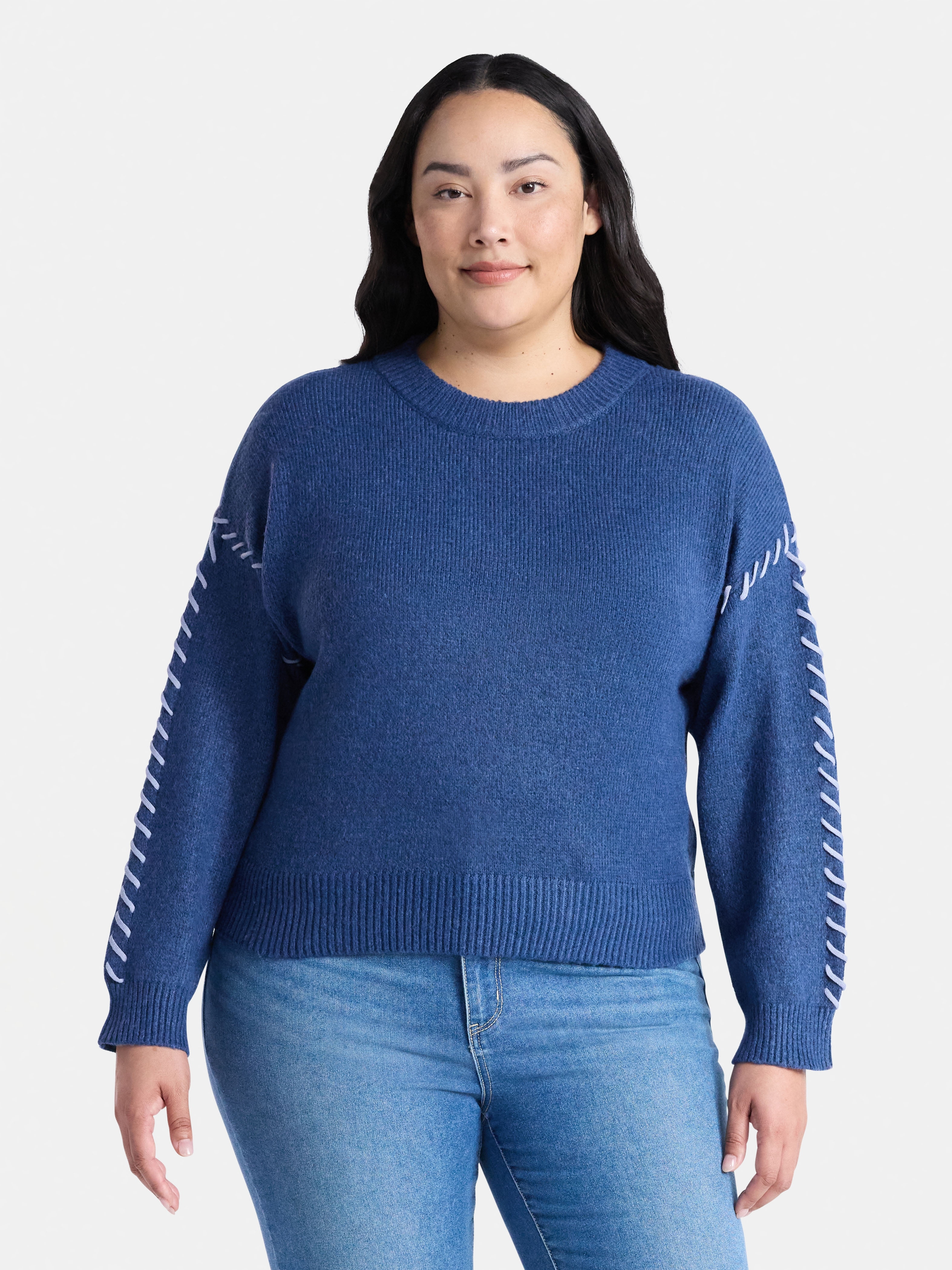 Terra & Sky Women's Plus Cropped Whipstitch Trim Sweater