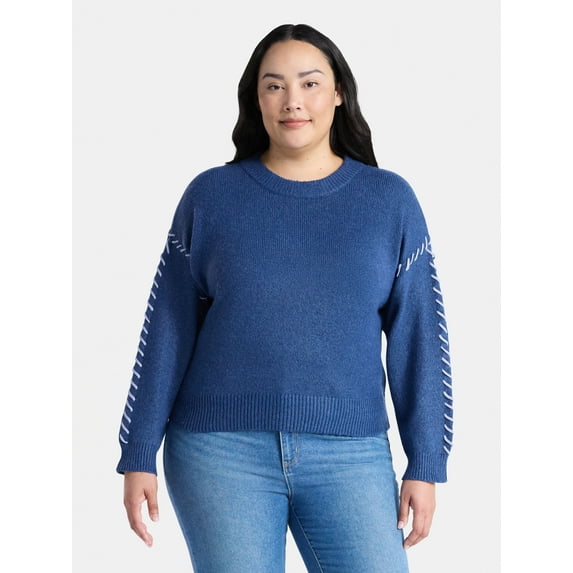 Terra & Sky Women's Plus Cropped Whipstitch Trim Sweater, Lightweight, Sizes 0X-5X