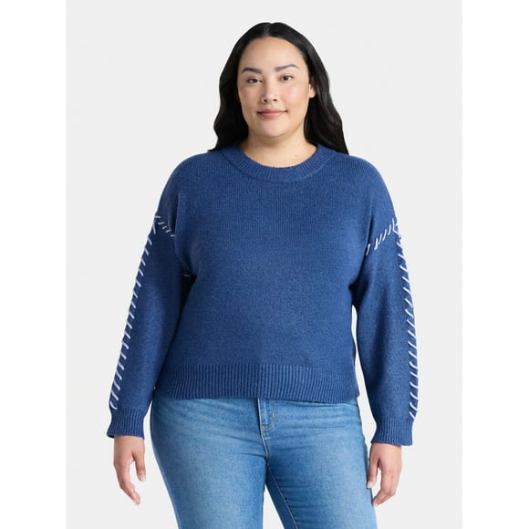 Terra & Sky Women's Plus Cropped Whipstitch Trim Sweater, Lightweight, Sizes 0X-5X
