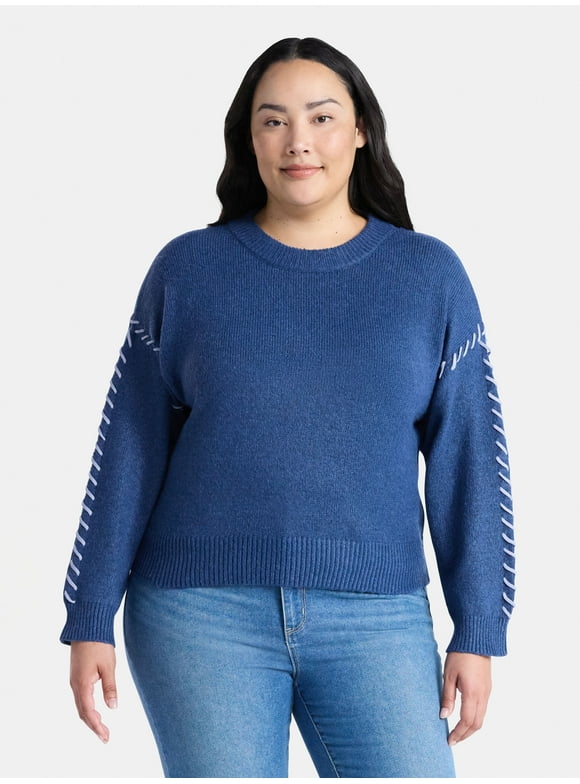 Women's Plus Cropped Whipstitch Trim Sweater, Lightweight, Sizes 0X-5X