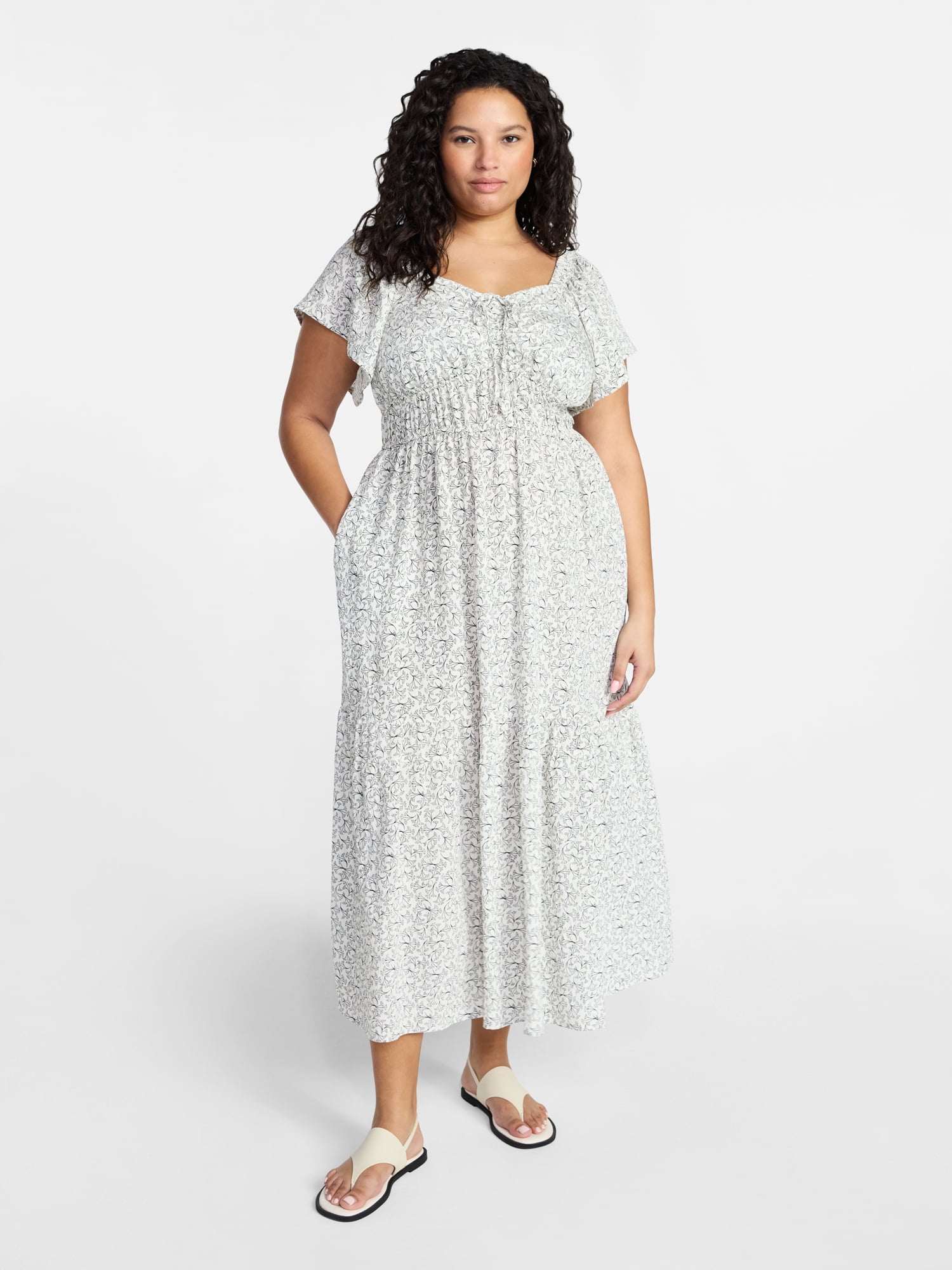 Terra & Sky Women's Plus Size Sweetheart Maxi Dress with Flutter Sleeves, Sizes 0X-4X