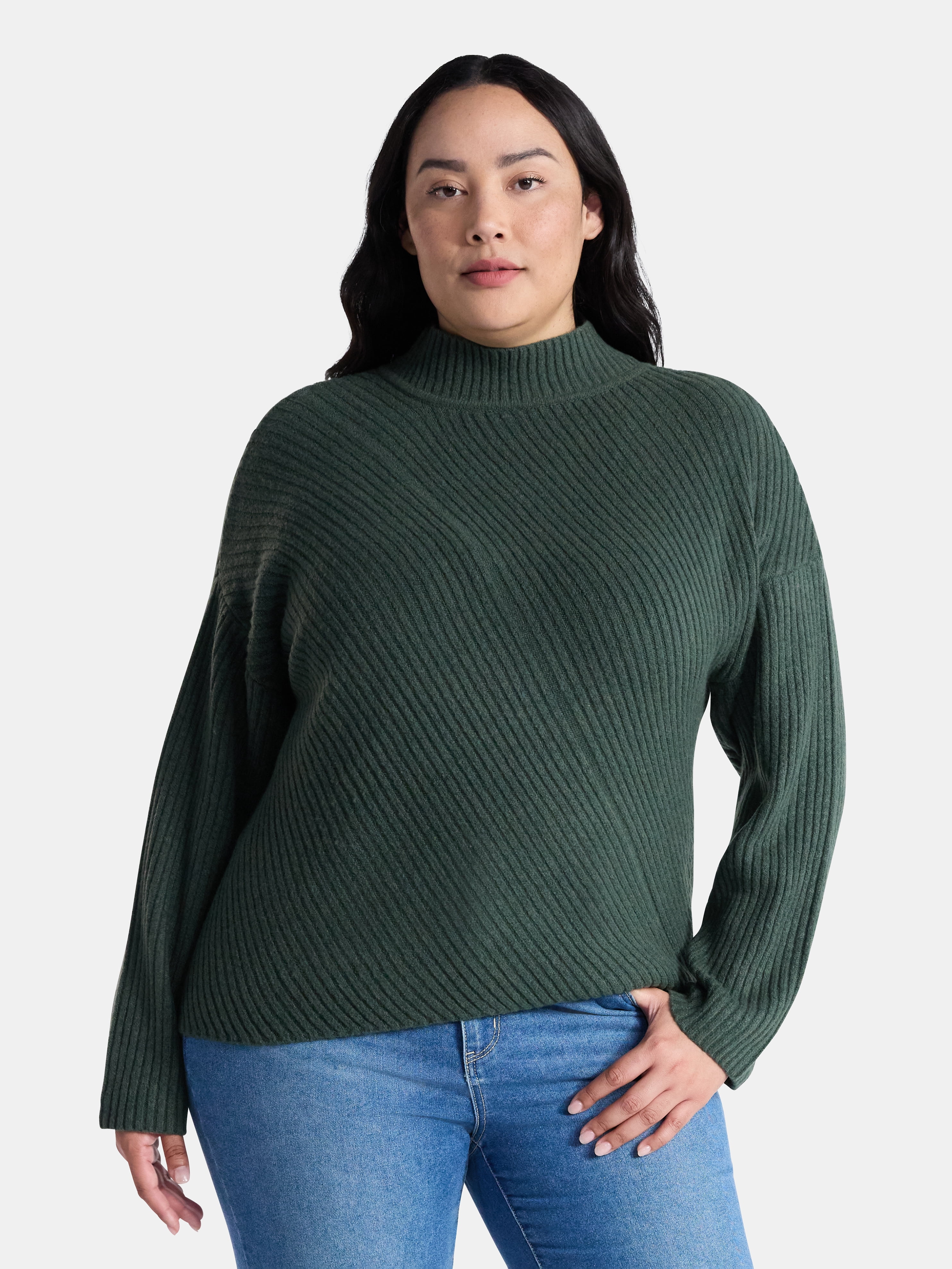 Terra & Sky Women’s Plus Diagonal Ribbed Mock Neck Sweater, Lightweight, Sizes 0X-5X