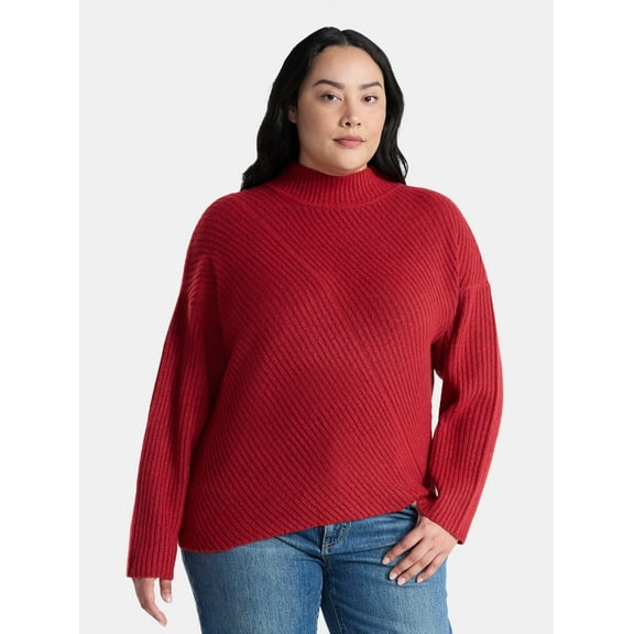 Terra & Sky Women’s Plus Diagonal Ribbed Mock Neck Sweater, Lightweight, Sizes 0X-5X