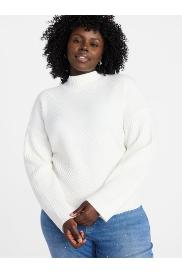 Steve Madden Women's Terra Sweater - Two-Tone Plaited Rib Mock Neck, Relaxed Fit, 21.5" Long