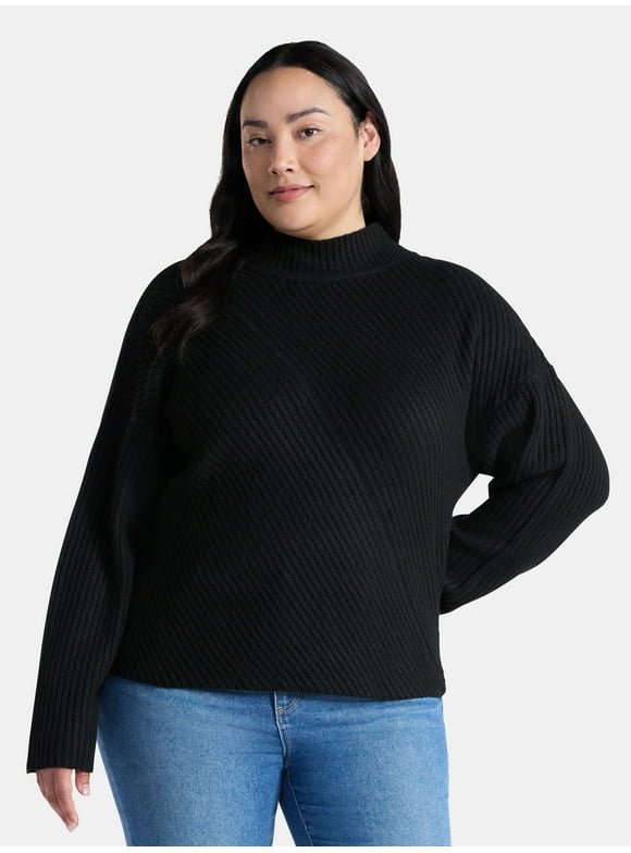 Women’s Plus Diagonal Ribbed Mock Neck Sweater, Lightweight, Sizes 0X-5X