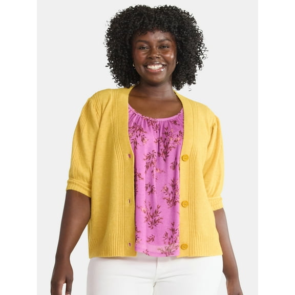 Terra & Sky Women's Plus Short Sleeve Button Front Cardigan, Sizes 0X-5X