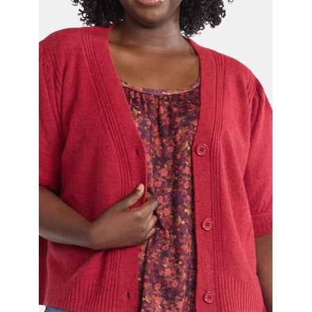 Terra & Sky Women's Plus Short Sleeve Button Front Cardigan, Sizes 0X-5X