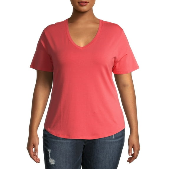 Terra & Sky Short Sleeve Ringer Solid Print T-Shirt (Women's Plus) 1 Pack