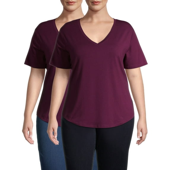 Terra & Sky Short Sleeve Ringer Solid Print T-Shirt (Women's Plus) 2 Pack