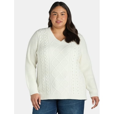 Terra & Sky Women's Plus V Neck Cable Beaded Sweater, Sizes 0X-5X