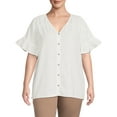 thumbnail image 1 of Terra & Sky V-Neck Shirred Flared Sleeve, Blouses and Tops (Women's), 1 of 5