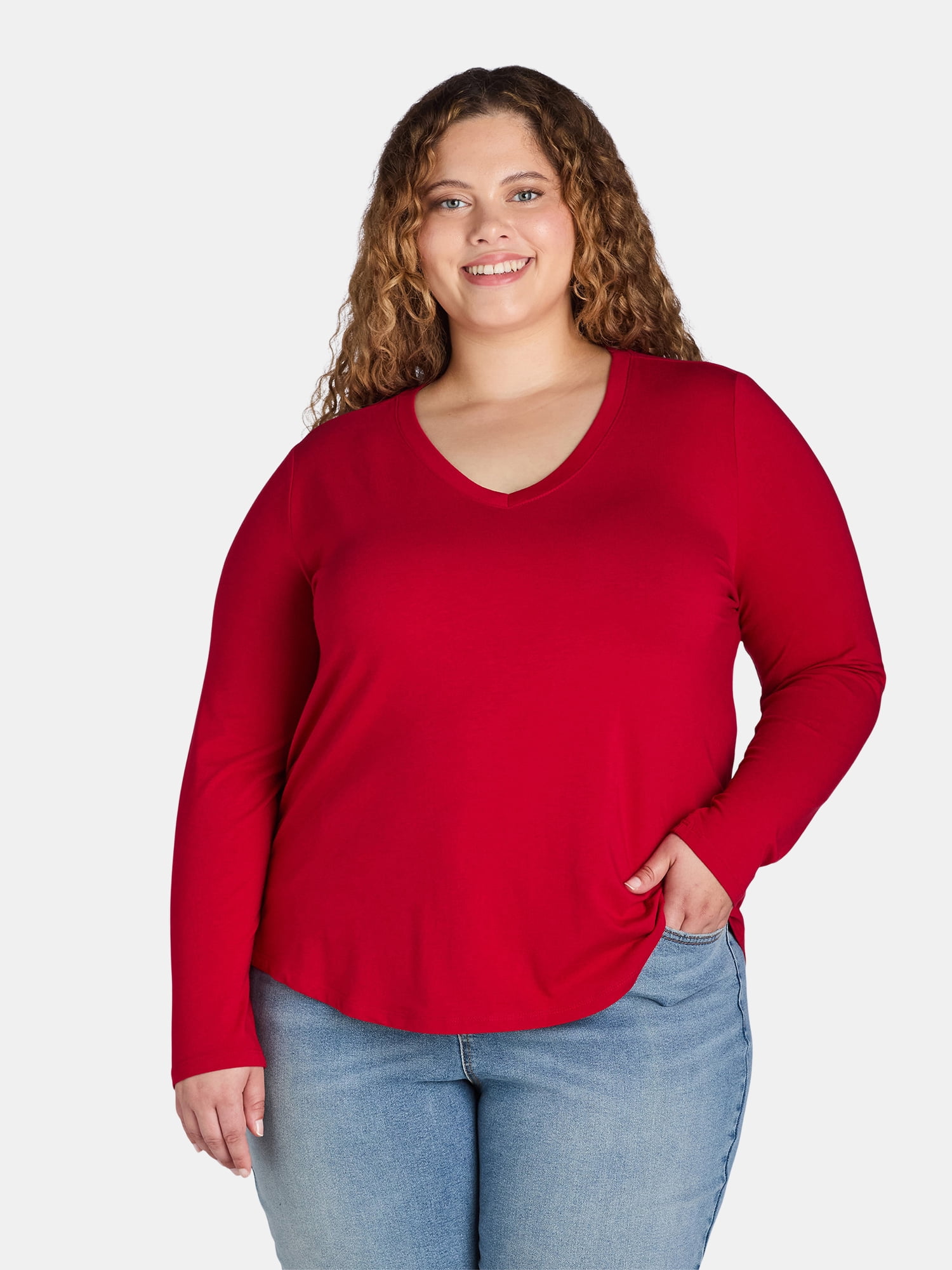 Terra & Sky Women’s Plus V Neck Tee with Long 