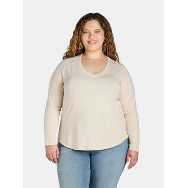 Terra & Sky Women’s Plus V Neck Tee with Long Sleeves, Available in 1 and 3-Packs, Sizes 0X-5X