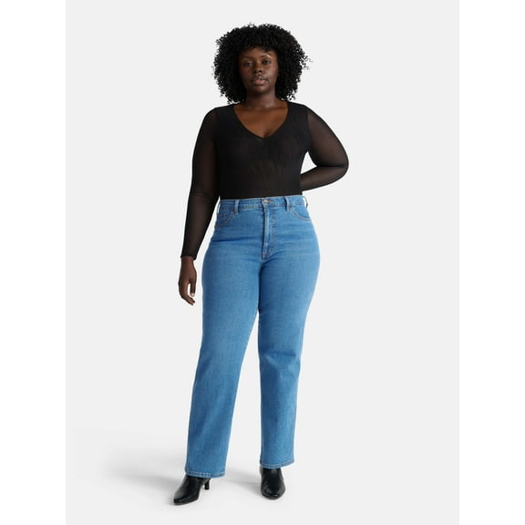 Terra & Sky Women's Plus V Neck Mesh Bodysuit with Long Sleeves, Sizes 0X-5X