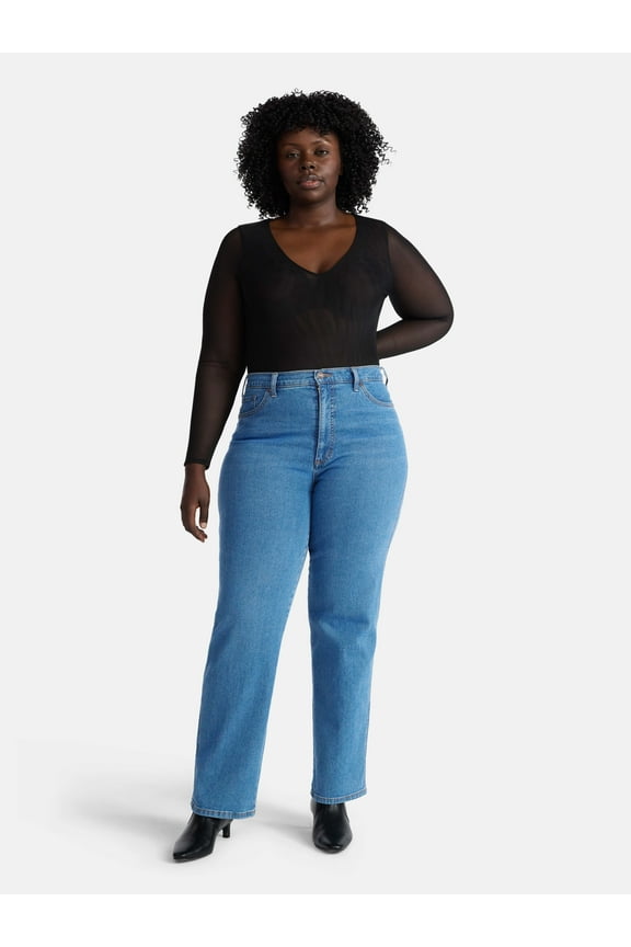 Women's Plus V Neck Mesh Bodysuit with Long Sleeves, Sizes 0X-5X