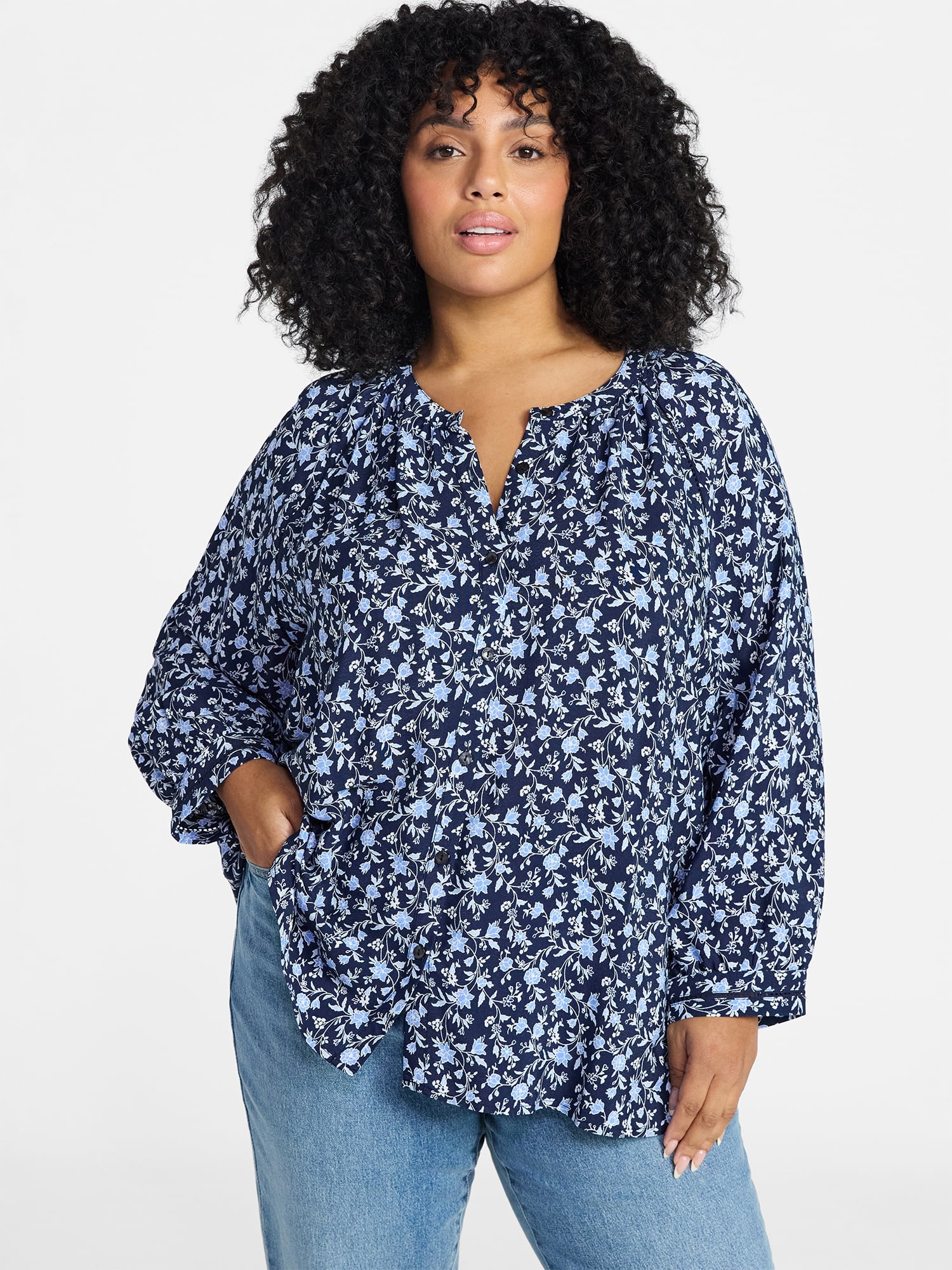 Terra & Sky Women's Plus Size Button Blouse with 3/4-Length Sleeves, Sizes 0X-5X