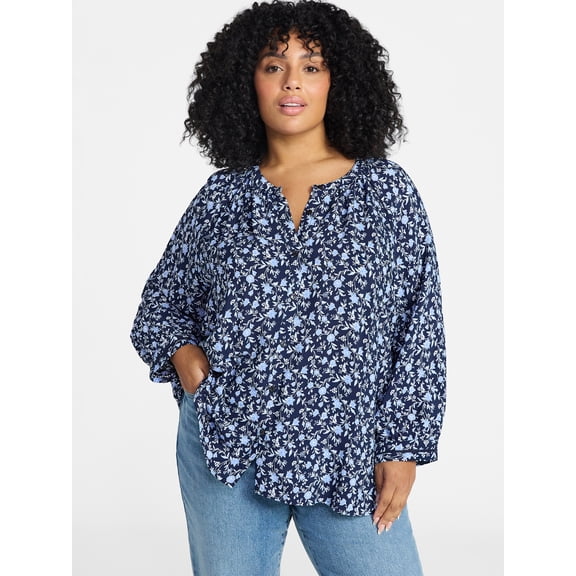Terra & Sky Women's Plus Size Button Blouse with 3/4-Length Sleeves, Sizes 0X-5X